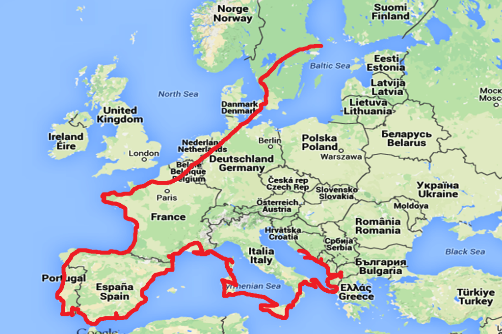 En grov kartbild som visar hur vi har kört genom Europa