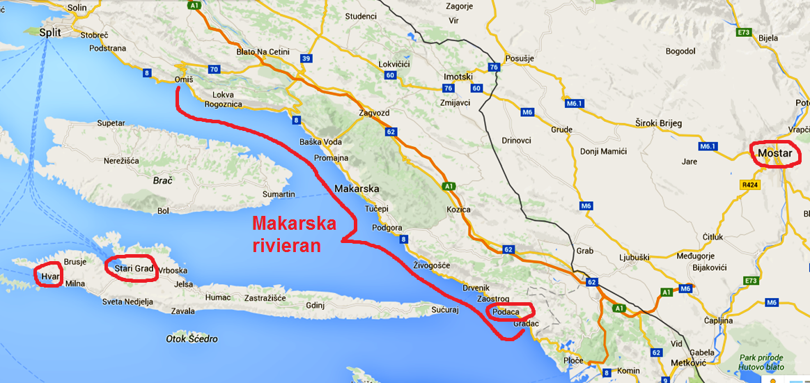 Kartbild över Makarska rivieran. De inringade platserna har vi besökt de senaste dagarna.