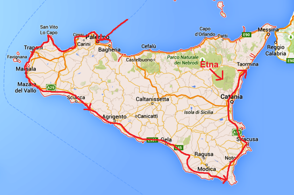 Kartbilden visar hur vi har kört på Sicilien samt vulkanen Etna