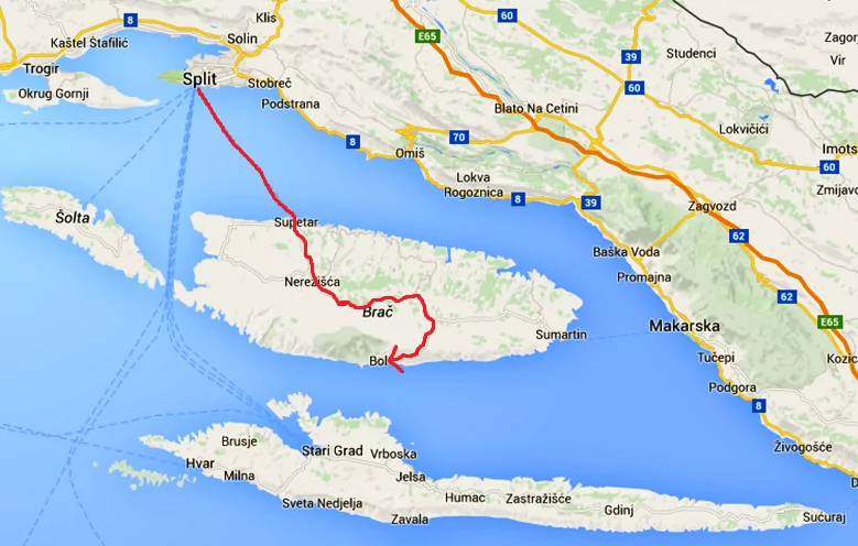Färjevägen från Split, samt vägen över Brac för att komma till Bol