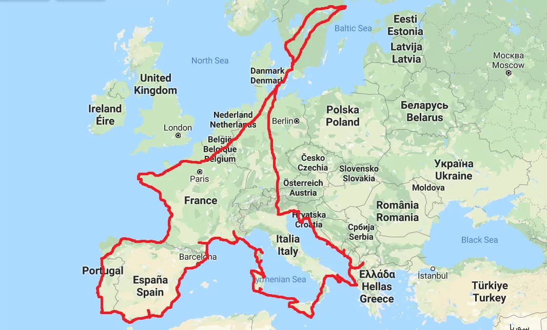 Grov kartbild över vår resa med husbil runt Europa