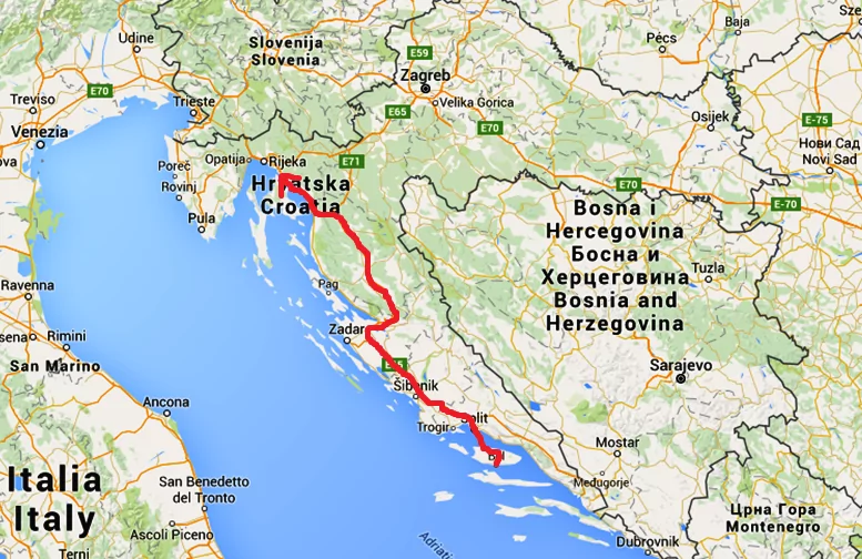 Vägen som vi kört idag, från Bol på Brac till en by strax söder om Rijeka
