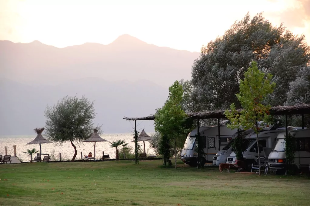 Camping I Shkodra vid Shkodersjön, Albanien. Lake Shkodra Resort.