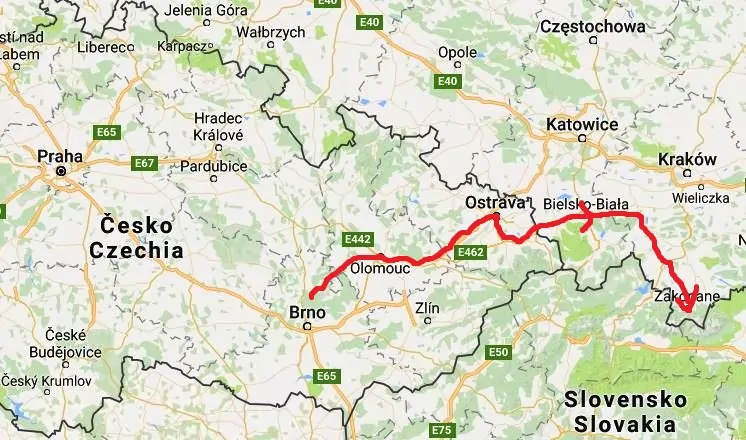 Karta från Brno till Zakopane