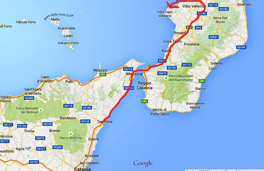 Kartbilden visar hur vi körde igår - från Taormina på Sicilien till Tropea i Kalabrien