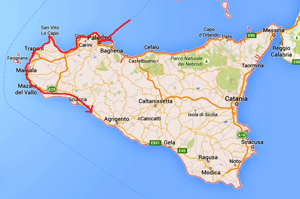 Kartan visar hur vi har kört på Sicilien hittills