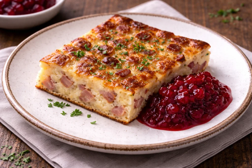 Svensk mat i form av fläskpannkaka med lingonsylt