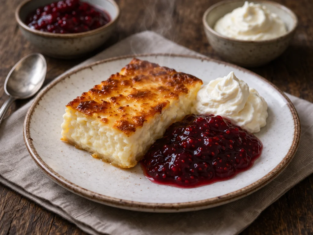 Svensk ostkaka med sylt och grädde