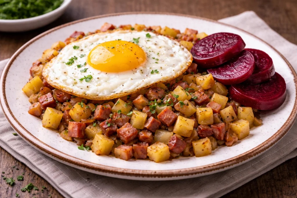 Pyttipanna med stekt ägg och inlagda rödbetor - klassisk svensk mat