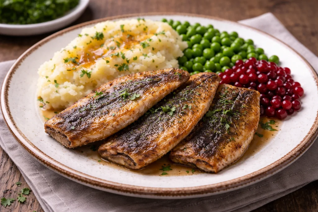 Stekt strömming med potatismos, ärtor och lingon