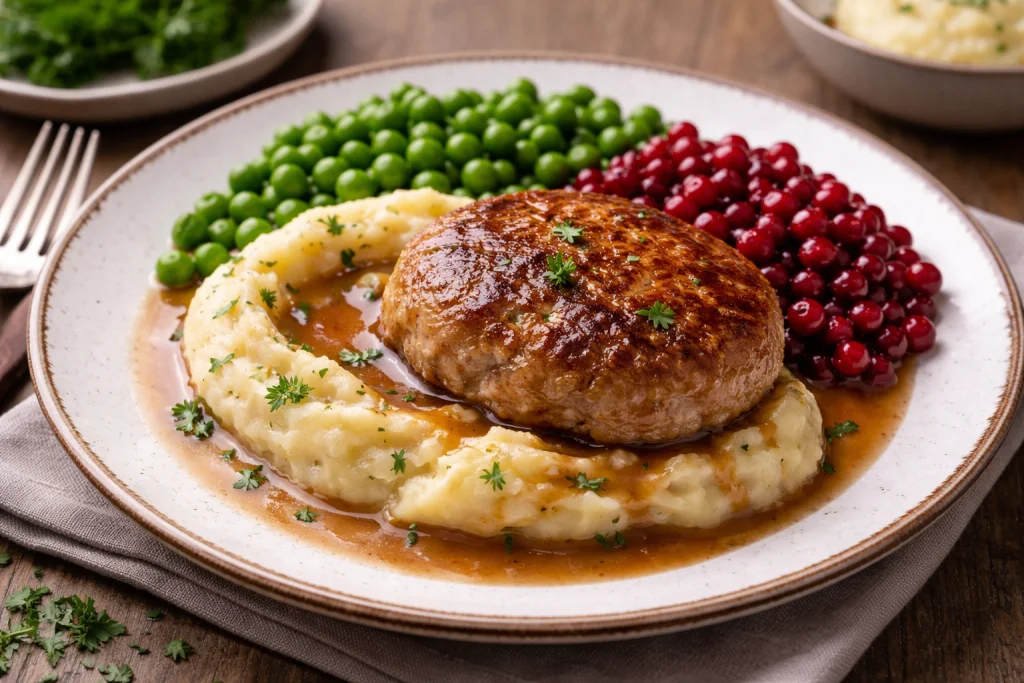 Wallenbergare med potatismos, ärtor och lingon - traditionell svensk mat