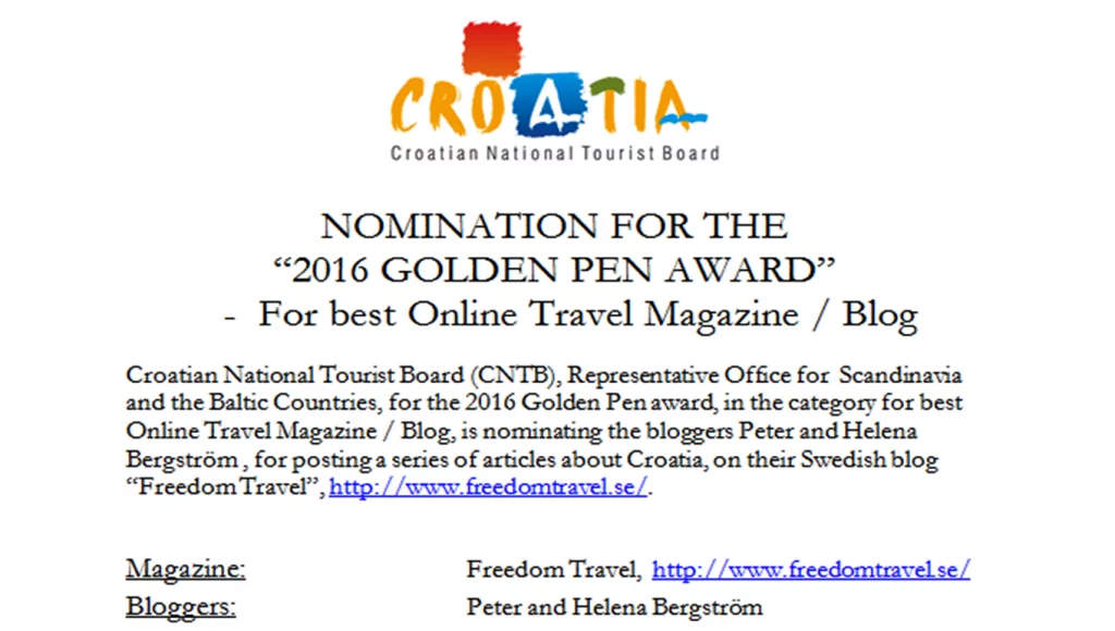 Nominering till "olden Pen Award 2016 i Kroatien