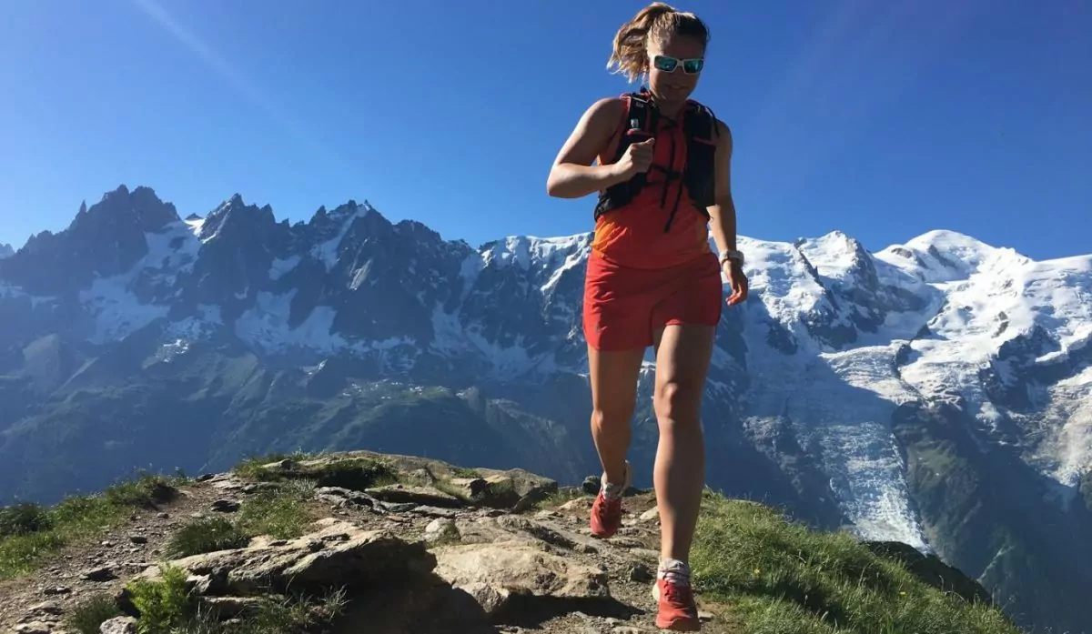 Katrin Olsen, Chamonix sommeren 2016; lang løpetur i høyden for å trene til Haukeli Ultra Trail. Man ser Mont Blanc i bakgrunnen.